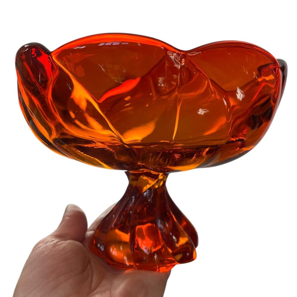 Vintage Viking Glass Persimmon Orange Compote Pedestal Candy Dish Swirl READ